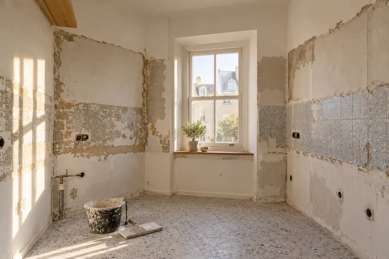 Visualización conceptual IA: Cocina sin muebles con paredes en preparación y zonas de enlucido.